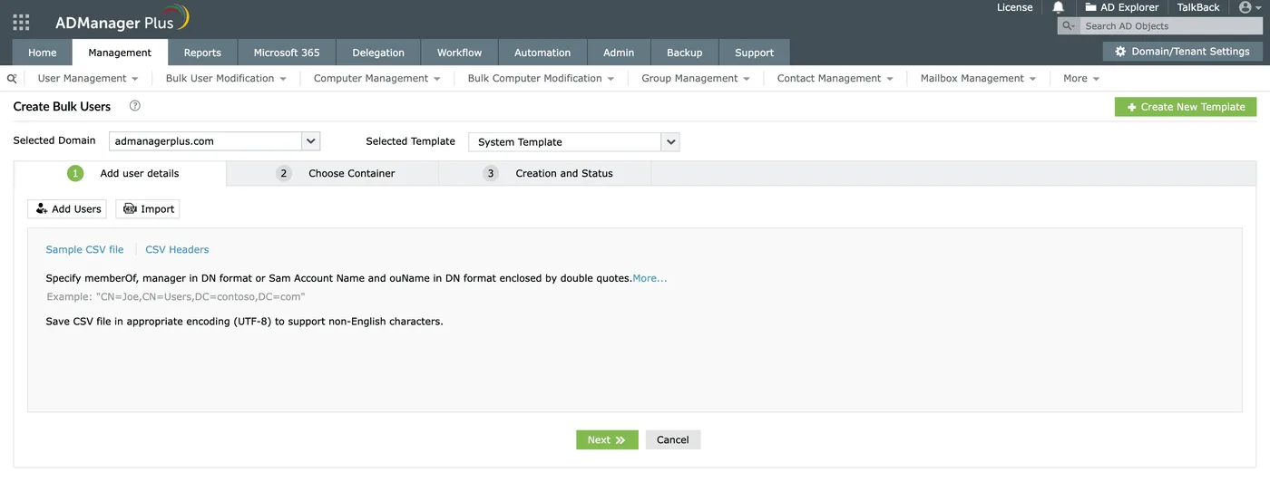 ADManager Plus web console showing the Create Bulk Users wizard for importing users from a CSV file