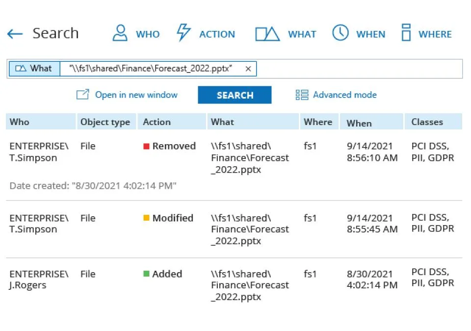 Netwrix Auditor interactive search with Who, Action, What, When and Where filters over file-server changes