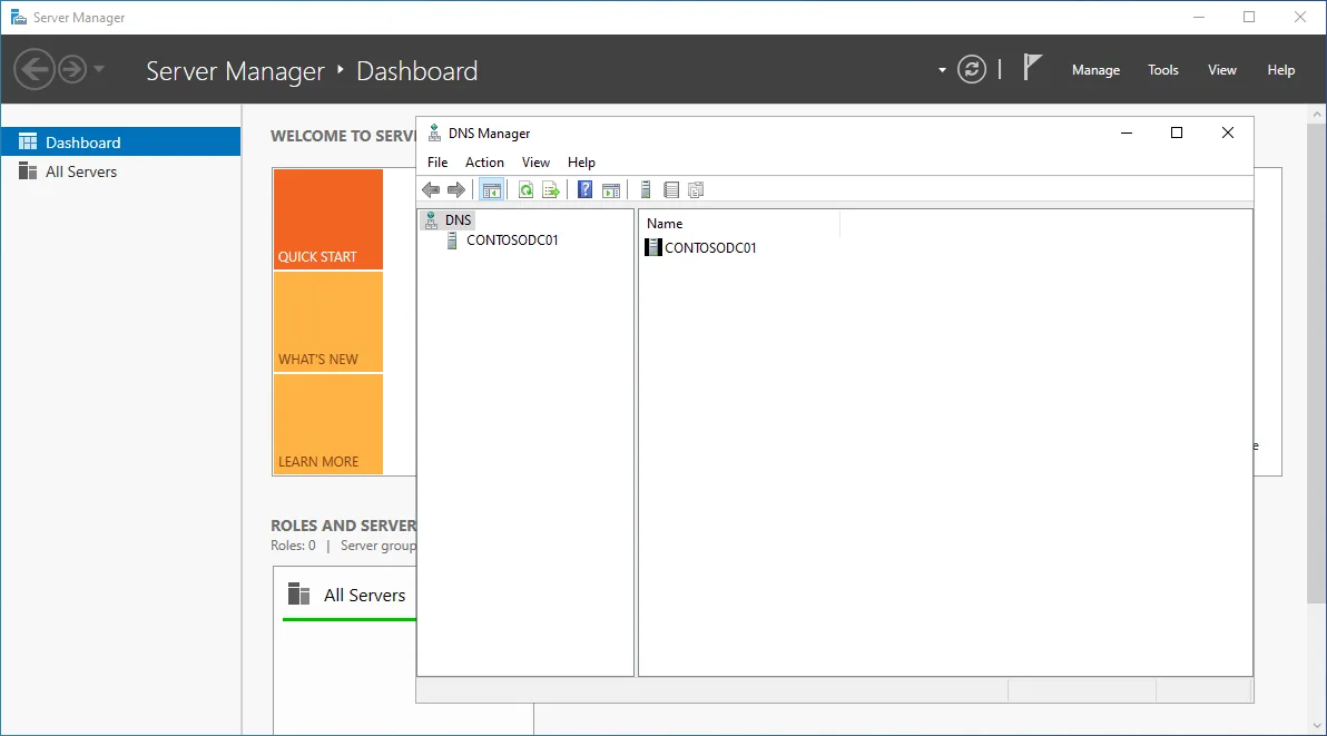 Server Manager with the DNS Manager console, one of the RSAT tools, connected to a domain controller