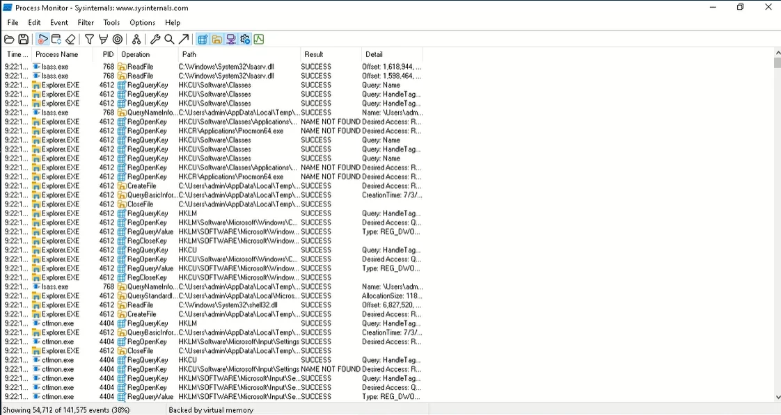 Process Monitor, part of Sysinternals Suite, listing registry and file events from Explorer.EXE, lsass.exe and ctfmon.exe
