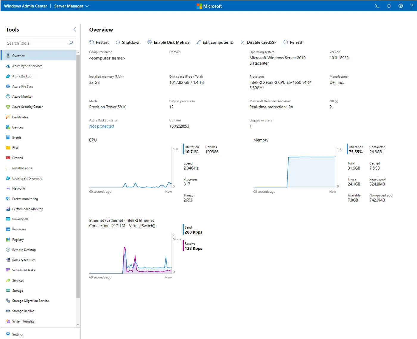 Windows Admin Center server overview for a Windows Server 2019 host, with the tools list and CPU, memory and network charts